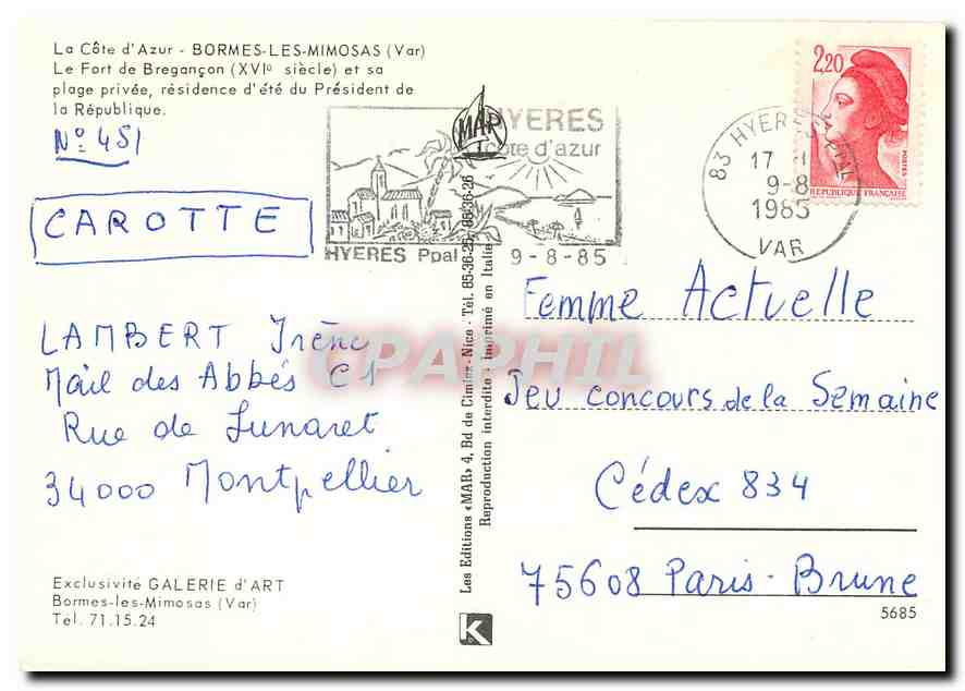 CPM La Cote d'Azur Bormes les Mimosas Var  — Rückseite