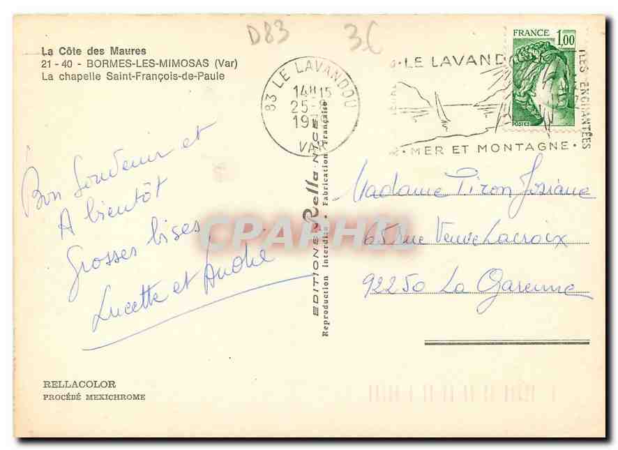 CPM Bormes les Mimosas Var La chapelle Saint Francois de Paule  — Rückseite