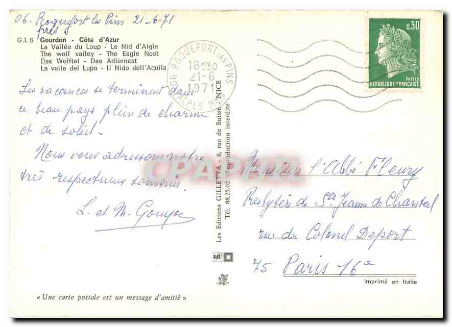 CPM Gourdon Cote d'Azur La Vallee du Loup Le Nid d'Aigle  — Rückseite