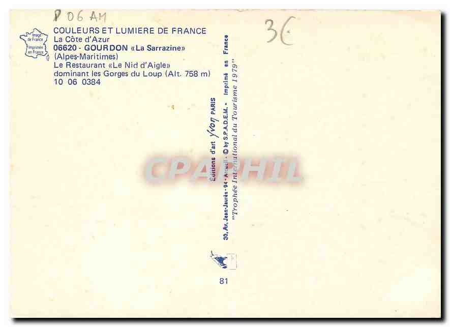 CPM Gourdon La Sarrazine Alpes Maritimes Le Restaurant Le Nid d'Aigle  — Rückseite
