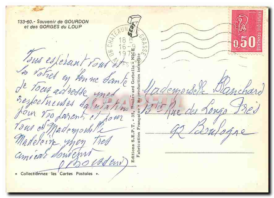 CPM Souvenir de Gourdon et des Gorges du Loup  — Rückseite