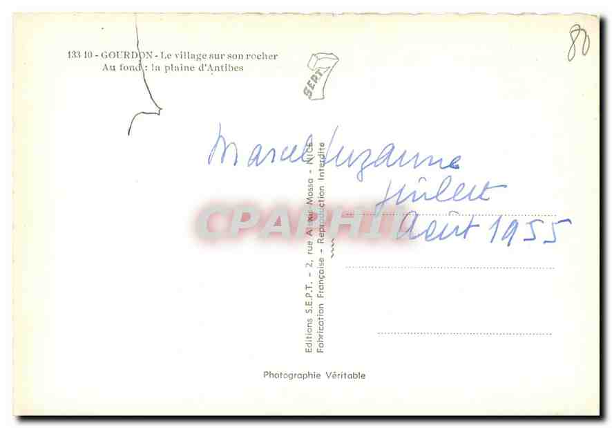CPM Gourdon Le village sur son rocher Au fond la plaine d'Antibes  — Rückseite