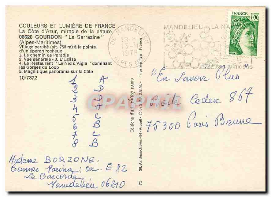 CPM Gourdon La Sarrazine Alpes Maritimes Village perche a la pointe d'un eperon rocheux  — Rückseite