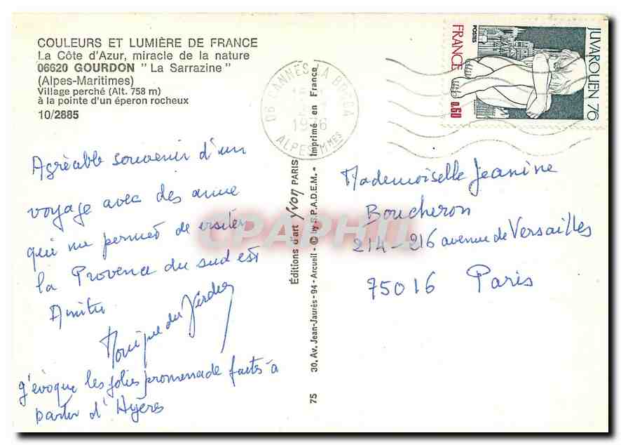 CPM Gourdon La Sarrazine Alpes Maritimes Village perche a la pointe d'un eperon rocheux  — Rückseite