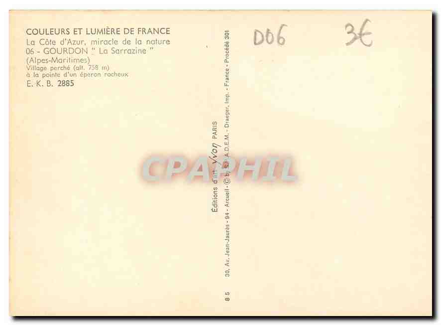 CPM Gourdon La Sarrazine Alpes Maritimes Village perche a la pointe d'un eperon rocheux  — Rückseite
