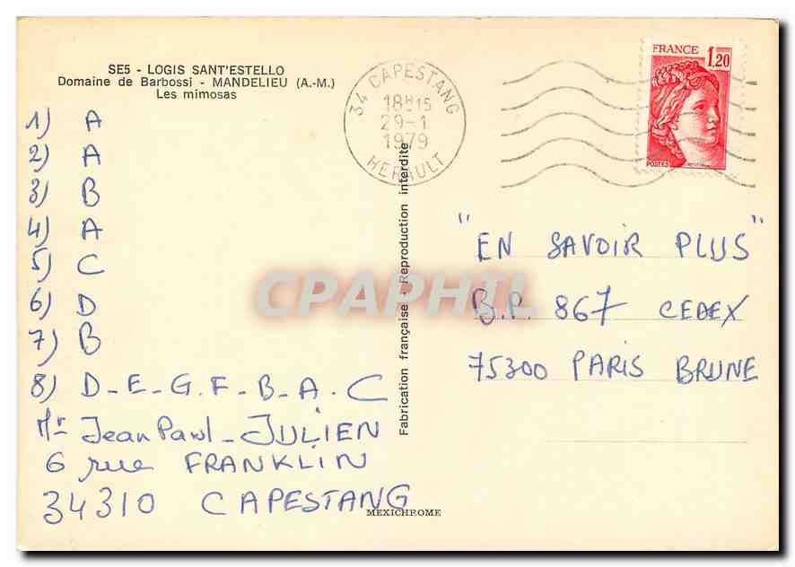 CPM Logis Sant'estello Domaine de Barbossi Mandelieu AM Les Mimosas  — Rückseite
