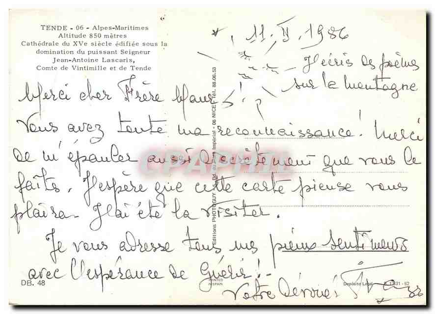 CPM Tende Alpes Maritimes Cathedrale du XVe siecle  — Verso