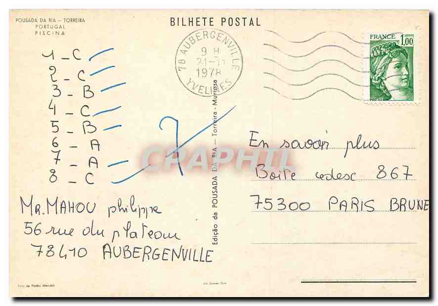 CPM Pousada da Ria Torreira Portugal  — Back