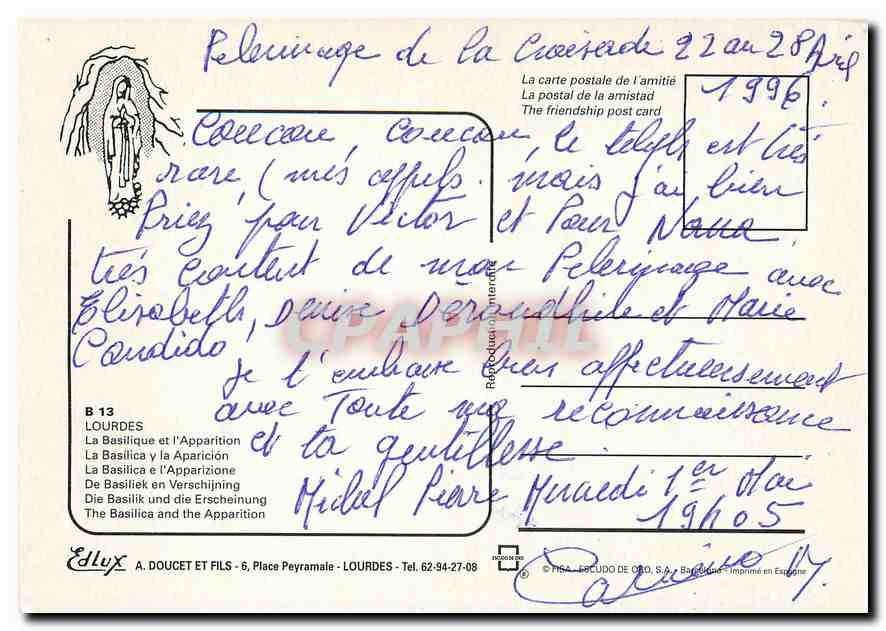 CPM Lourdes La Basilique et l'Apparition  — Verso