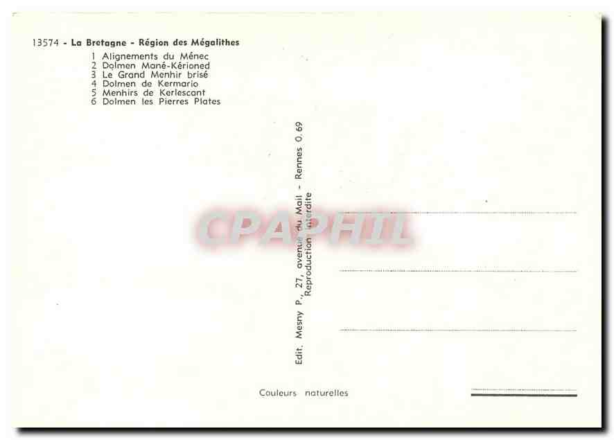 CPM La Bretagne Region des Megalithes Alignements du Menec  — Rückseite