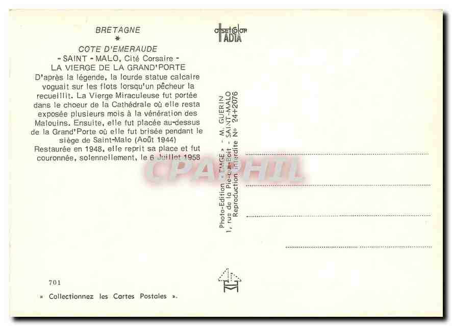 N.D. de la Grand'Porte — Protectrice de Saint-Malo — Éditeur Enge — Verso