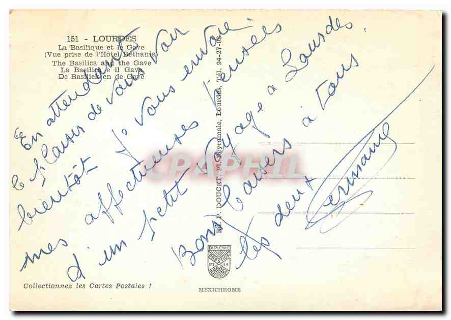CPM Lourdes La Basilique et le Gave  — Verso