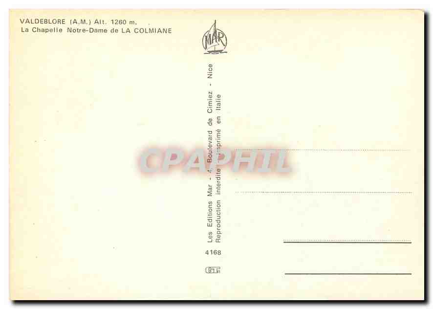 CPM Valdeblore AM La Chapelle Notre Dame de La Colmiane  — Verso