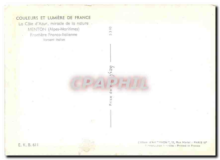CPM Menton Alpes Maritimes Frontiere Franco Italienne  — Rückseite