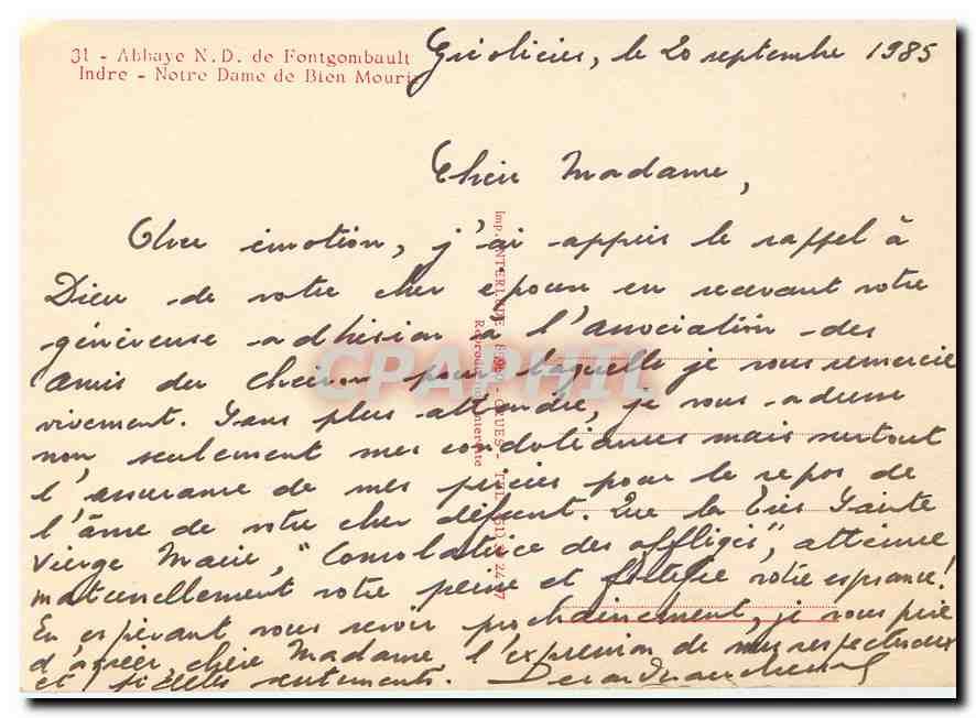 CPM Abbaye de ND de Fontgombault Indre Notre Dame de Bien Mouri  — Rückseite
