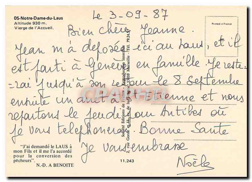 CPM Notre Dame du Laus Vierge de l'Accueil  — Rückseite