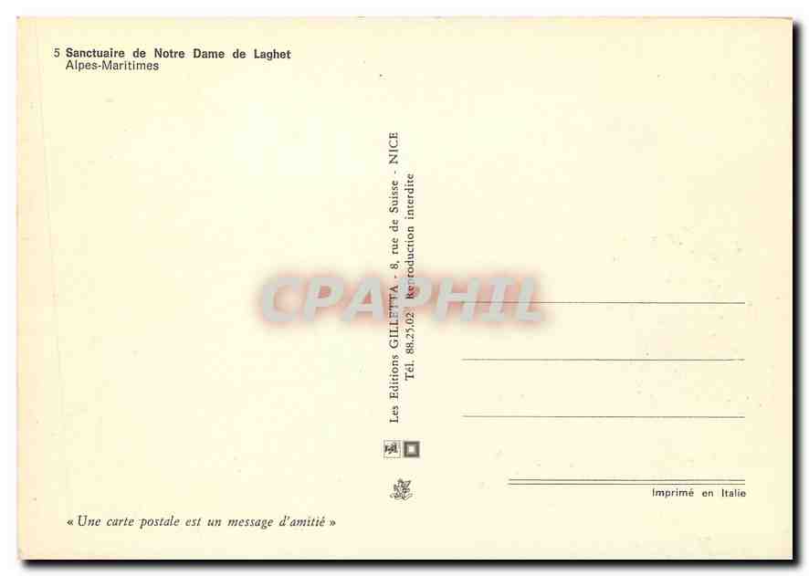 CPM Sanctuaire de Notre Dame de Laghet Alpes Maritimes  — Verso