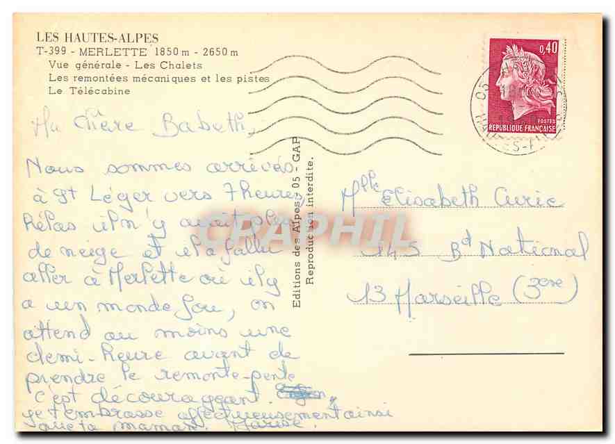Merlette — Vue générale — Les Chalets, les remontées mécaniques et le télécabine — Éditions des Alpes — Verso