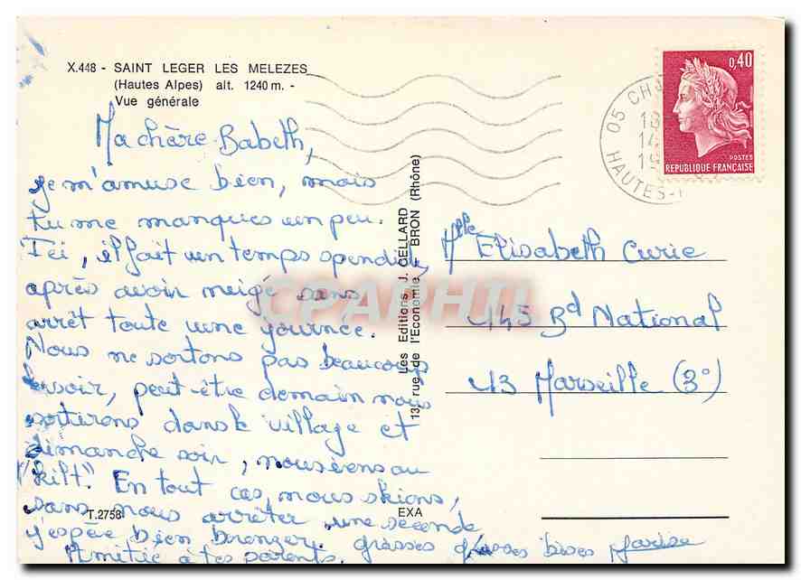 Saint Léger-les-Mélèzes — Vue générale — Éditeur J. Cellard, n° X.448 — Verso