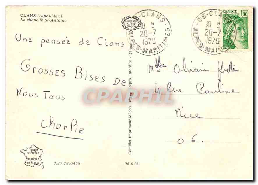 CPM Clans Alpes Mar La chapelle St Antoine  — Rückseite