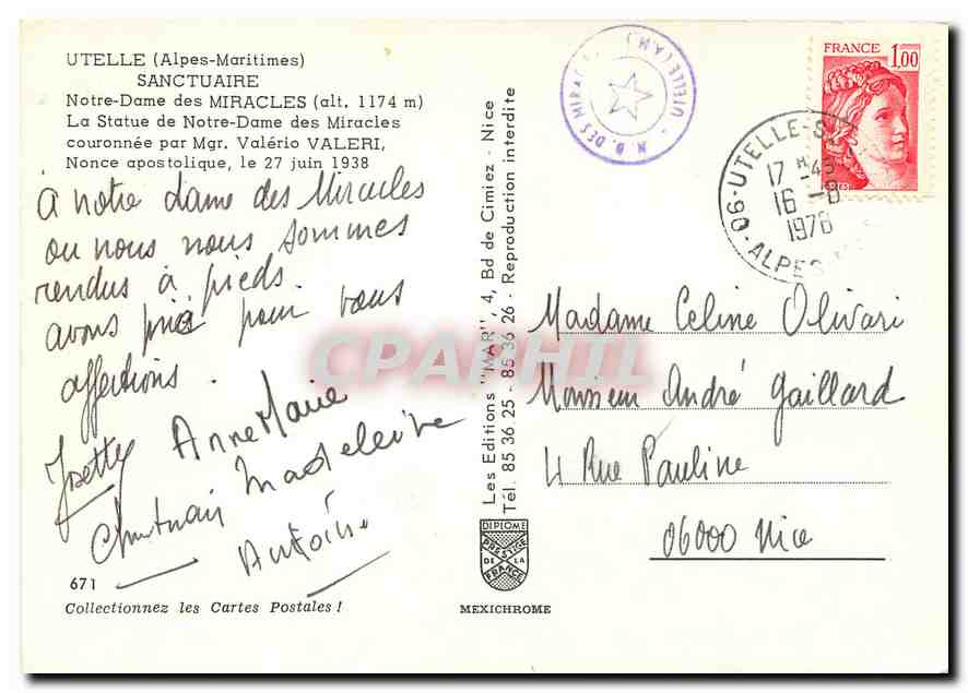 CPM Utelle Alpes Maritimes Sanctuaire Notre Dame des Miracles  — Verso