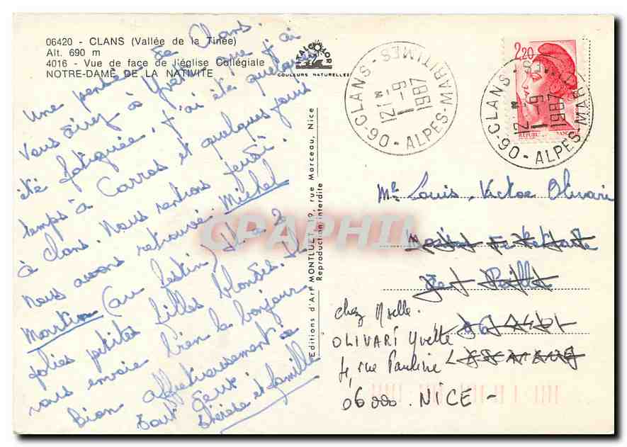 Clans (Vallée de la Tinée) — Vue de face de l'église Collégiale Notre-Dame de la Nativité — Éditions d'Art Montluc, n° 4016 — Verso