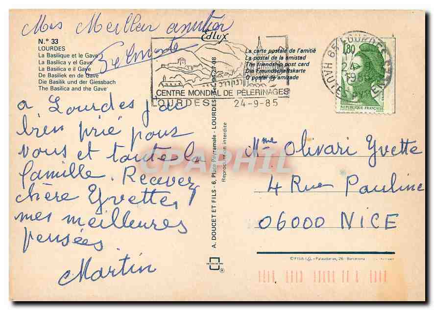 CPM Lourdes La Basilique et le Gave  — Verso