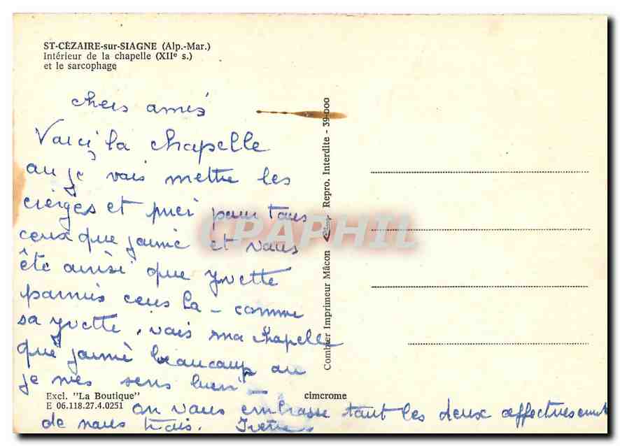 CPM St Cezaire sur Siagne Alp Mar Interieur de la chapelle et le sarcophage  — Rückseite