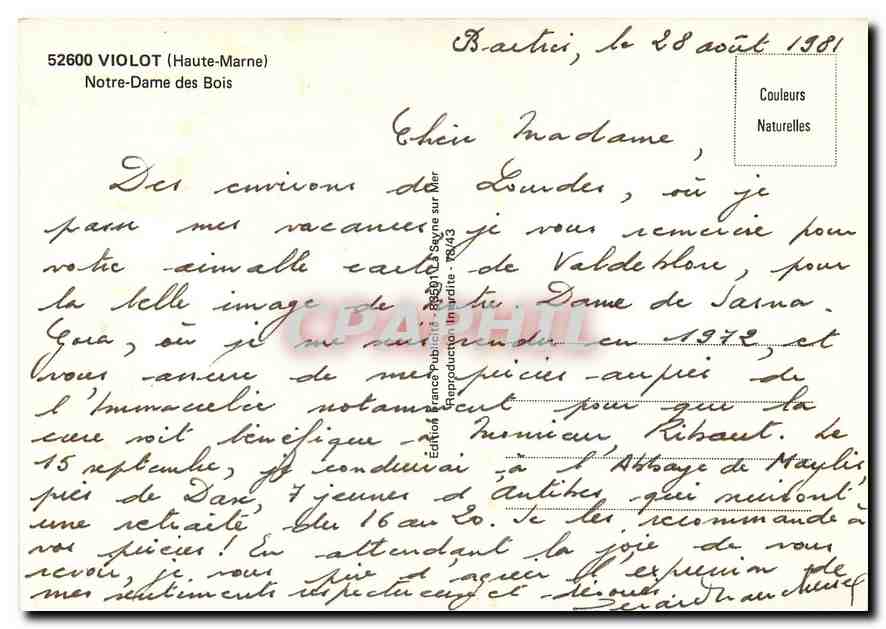 CPM Violot Haute Marne Notre Dame des Bois  — Rückseite