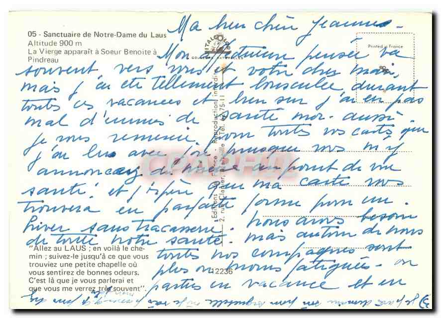 CPM Sanctuaire de Notre Dame du Laus La Vierge apparait a Soeur Benoite a Pindreau  — Rückseite