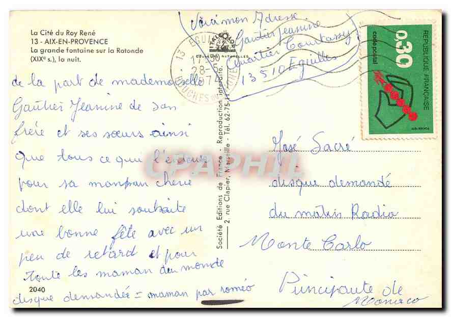 La grande fontana sulla Rotonda — Aix-en-Provence (XIX secolo), di notte — Société Éditions de France, N°2040 — Verso