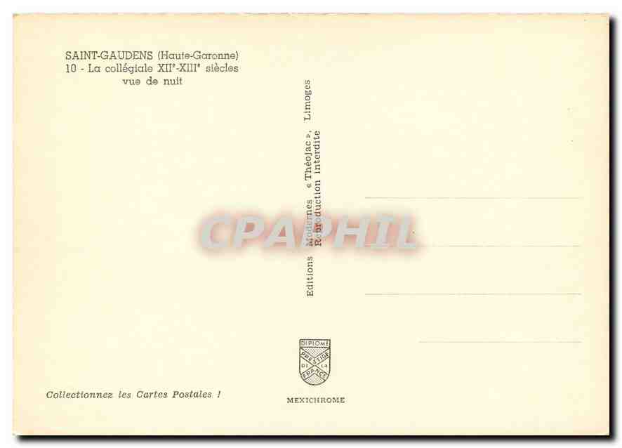 Saint-Gaudens (Haute-Garonne) — La collégiale XIIe-XIIIe siècles — vue de nuit — Éditions Diplôme, Limoges — Rückseite