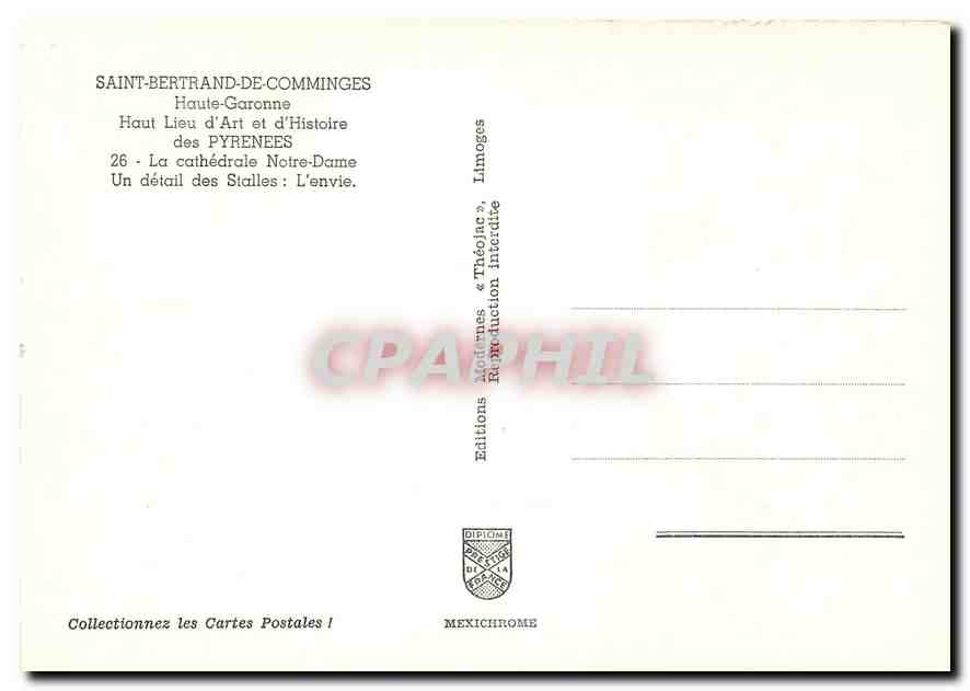 CPM Saint Bertrand de Comminges Haute Garonne La cathedrale Notre Dame Un detail des stalles L'envie — Verso