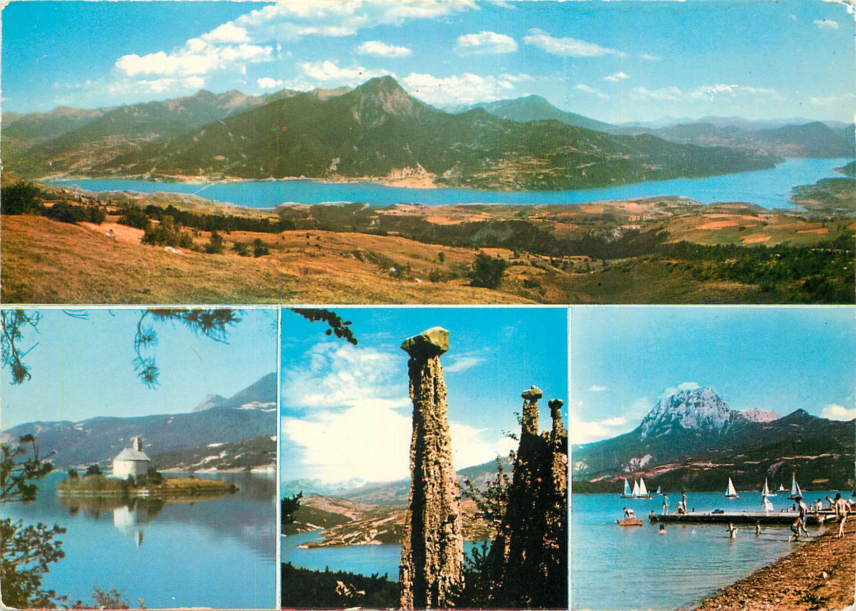 Lac de Serre-Ponçon — Vue panoramique prise de Saint-Appolinaire — Chapelle Saint-Michel — Demoiselles coiffées — Sports nautiques au Thubaneau — Éditions des Alpes, GAP