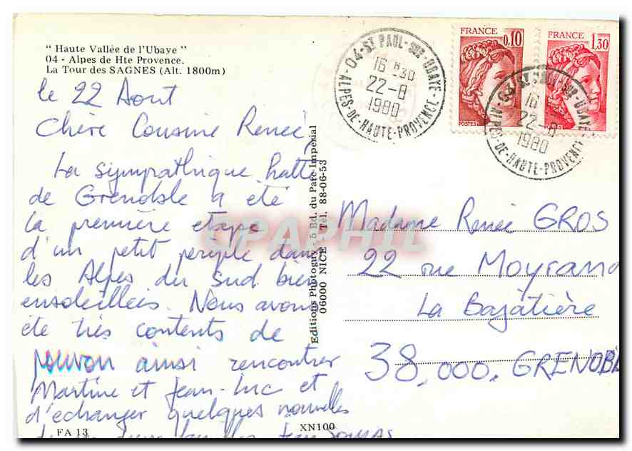 CPA Alpes de Hte Provence La Tour des Sagnes  — Rückseite