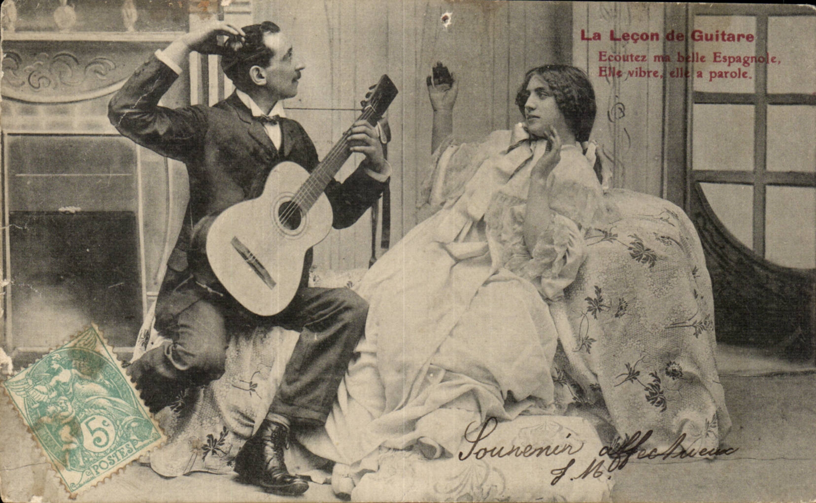 La Leçon de Guitare — scène de couple avec guitariste — éditeur inconnu, n° de série non visible