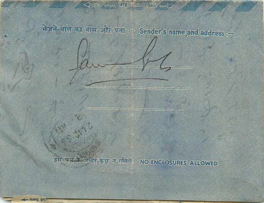 Cover Aerogramme Lettre Aerogramme Inde — Rückseite