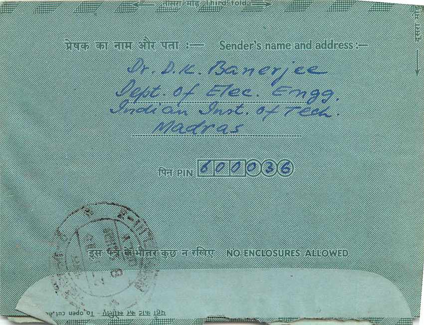 Cover Aerogramme Lettre Aerogramme Inde — Rückseite