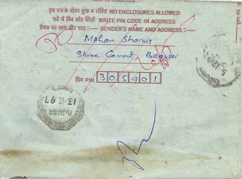Cover Aerogramme Lettre Aerogramme Inde India  — Verso