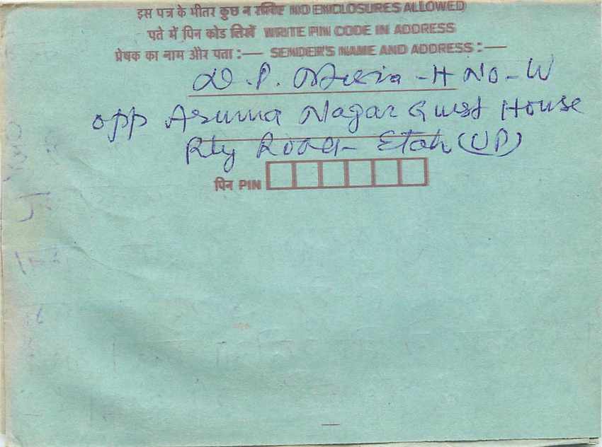 Cover Aerogramme Lettre Aerogramme Inde India  — Verso