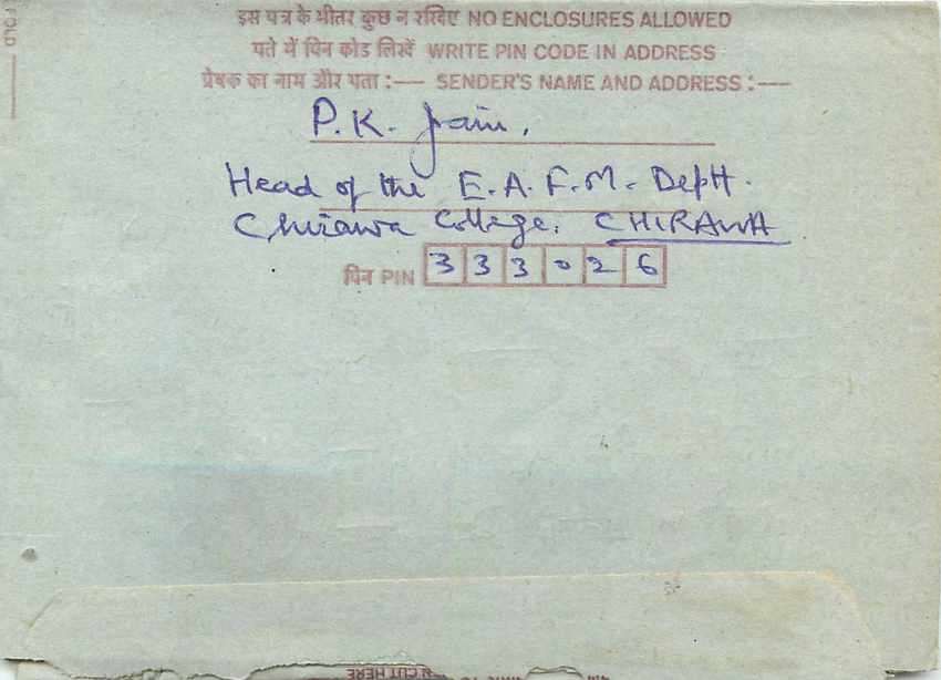 Cover Aerogramme Lettre Aerogramme Inde India  — Verso