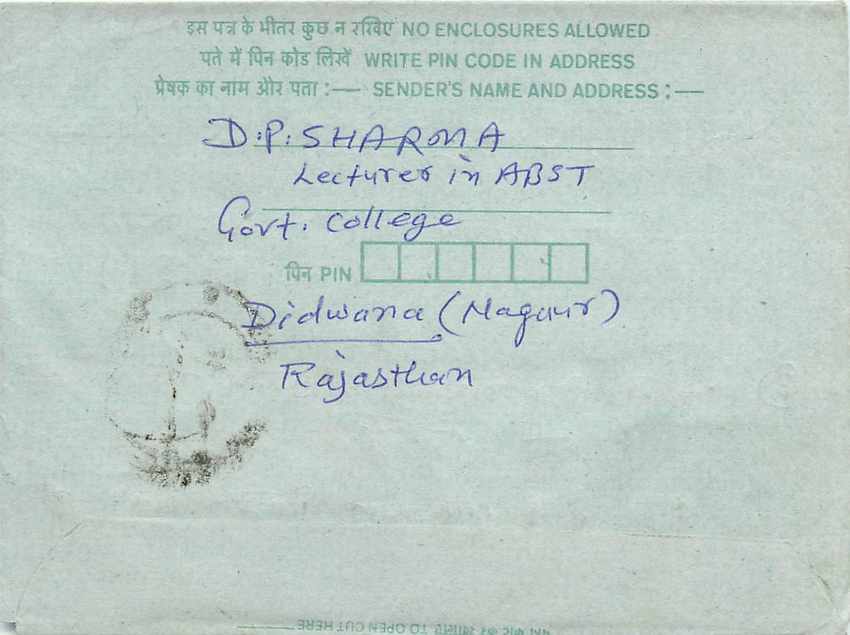 Cover Aerogramme Lettre Aerogramme Inde India  — Rückseite