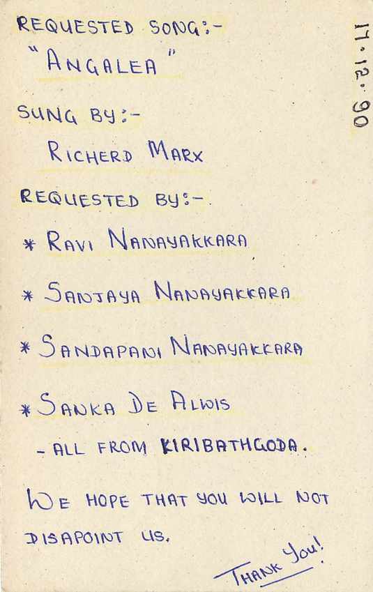 Carte postale Sri Lanka — demande de chanson — éditeur inconnu, n° de série non visible — Verso