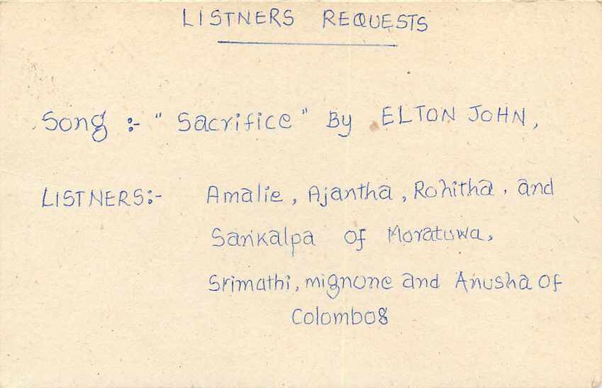Listners Requests — English Service, Sri Lanka Broadcasting Corporation — Colombo 7 — Rückseite
