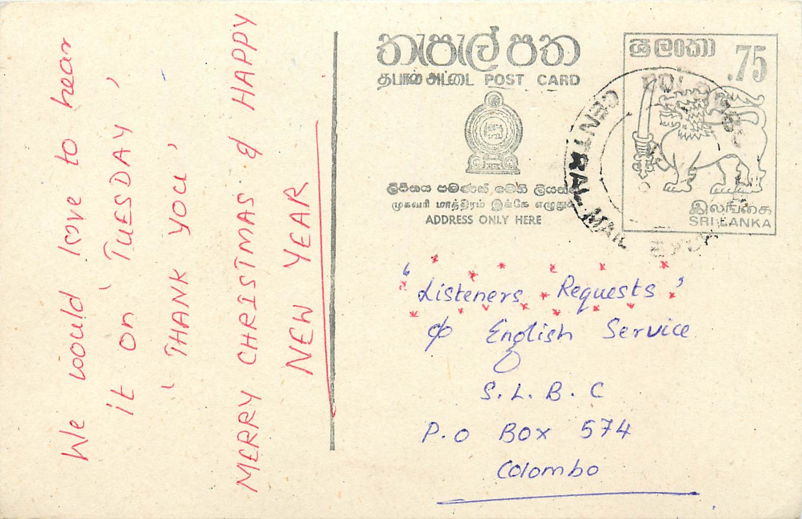 Ansichtskarte aus Sri Lanka — Anfrage für ein Lied für einen Radiosender — Verlag S.L.B.C.
