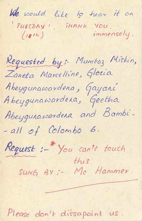 Ansichtskarte aus Sri Lanka — Anfrage für ein Lied für einen Radiosender — Verlag S.L.B.C. — Rückseite