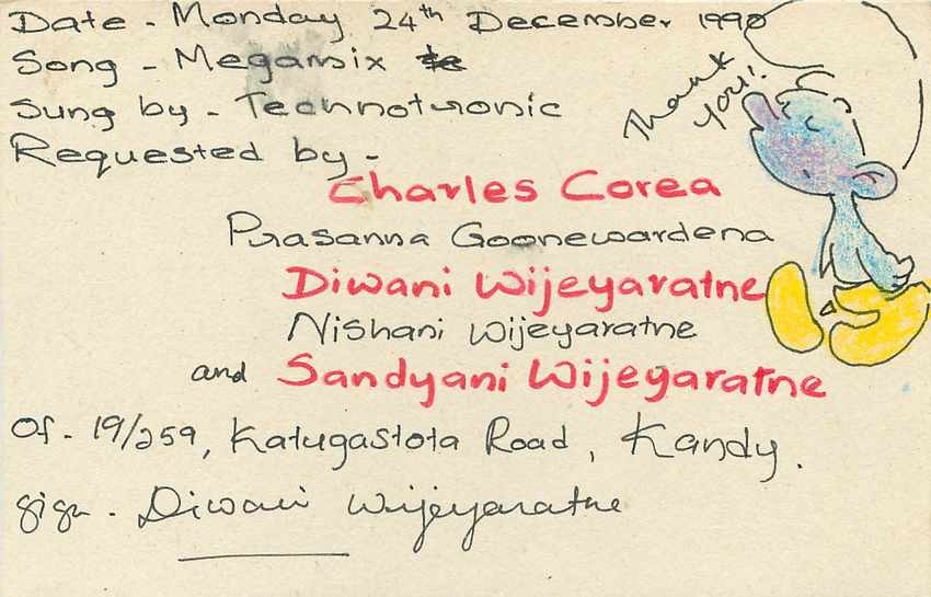 Carte postale de Sri Lanka — demande de chanson — éditeur inconnu, n° de série non visible — Verso