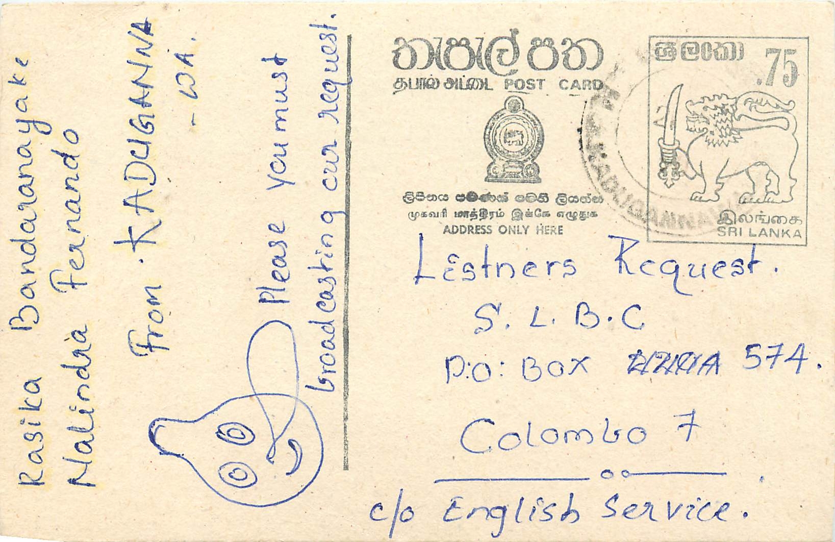 Carte postale Sri Lanka — demande de diffusion radio — éditeur S.L.B.C.