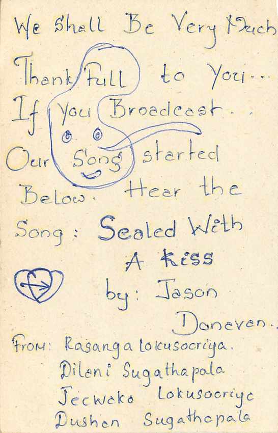 Carte postale Sri Lanka — demande de diffusion radio — éditeur S.L.B.C. — Rückseite