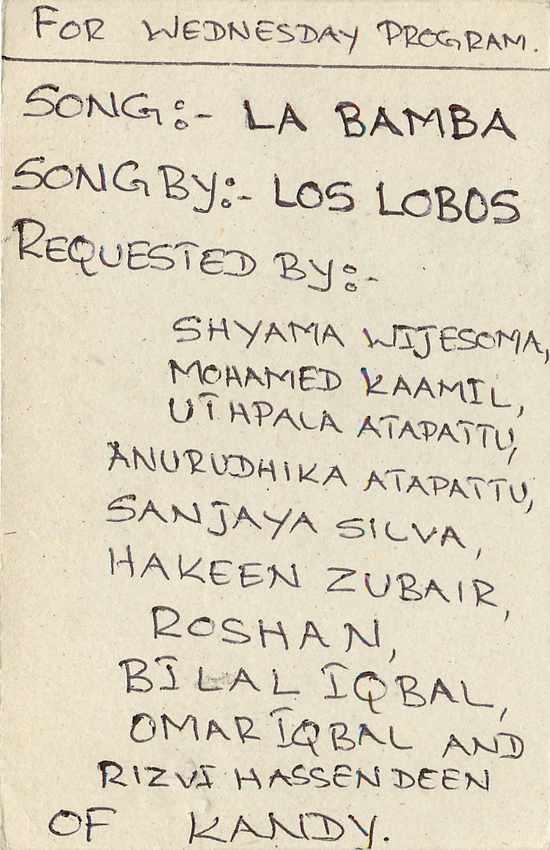 Carte postale de Sri Lanka — demande de chanson pour émission radio — éditeur inconnu — Rückseite